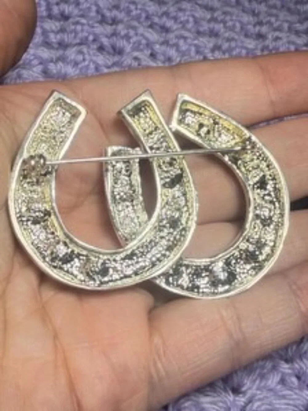 Double Horseshoe Vintage Brooch Clear Rhinestones Good Luck Pin